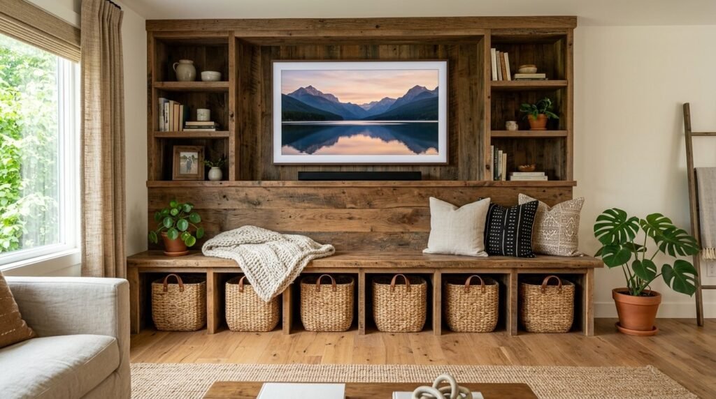 A sleek modern TV wall design featuring integrated shelving and ambient lighting in a living room.