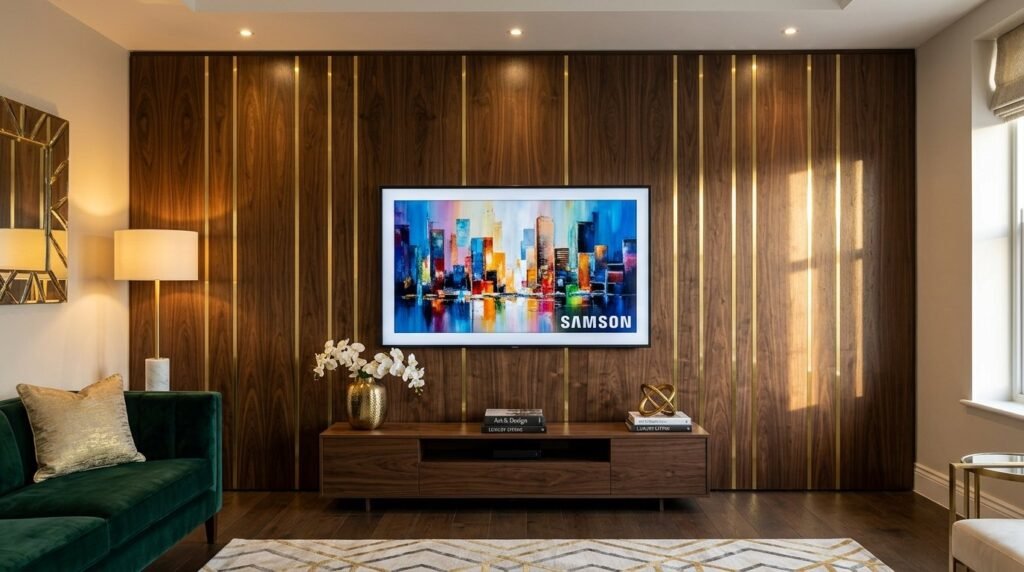 Close up view of elegant walnut wood wall panels with rich grain textures.