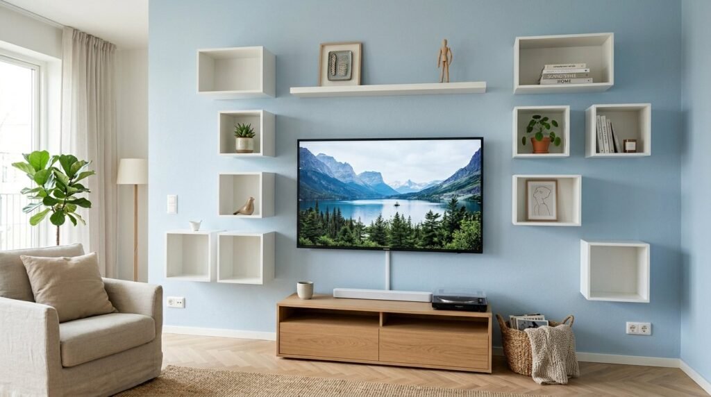 A set of clean minimalist white box shelves mounted on a wall for modern home organization.