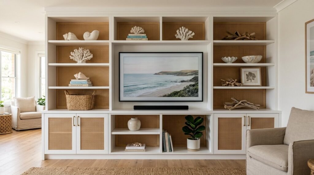 Close up of high quality white kitchen cabinetry with minimalist handles.