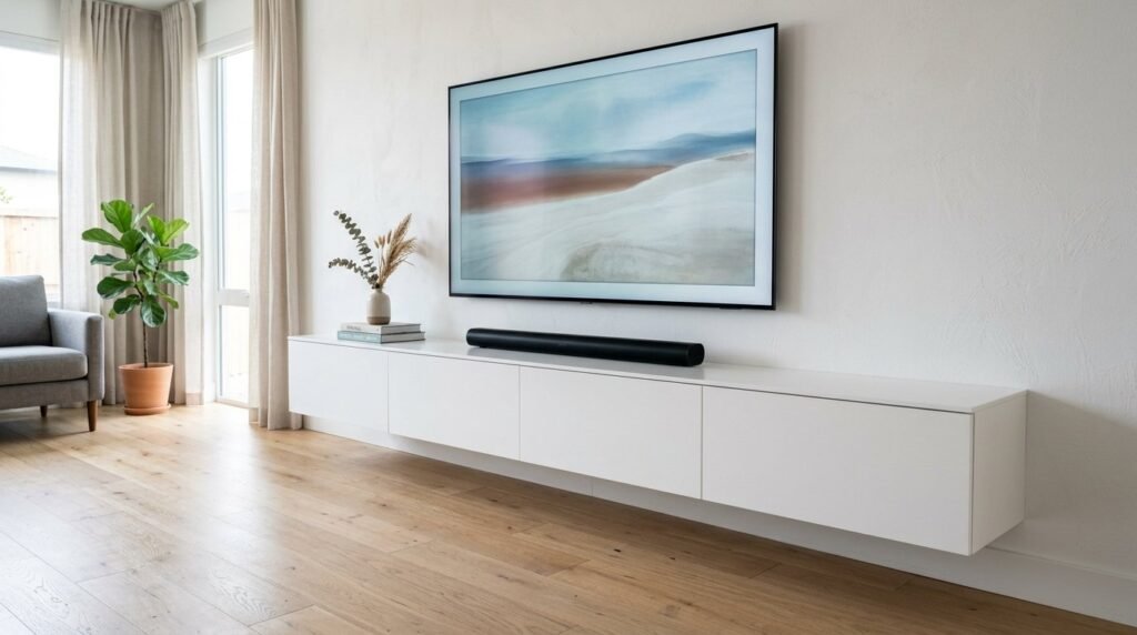 A sleek modern white media cabinet standing in a bright living room.
