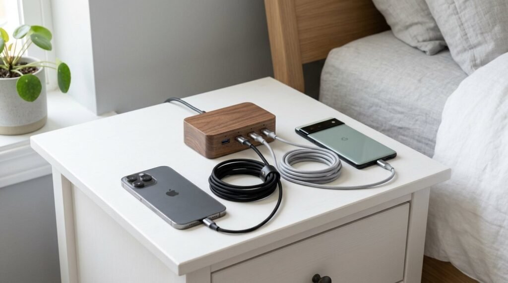 A sleek white nightstand placed in a brightly lit, modern minimalist bedroom setting.