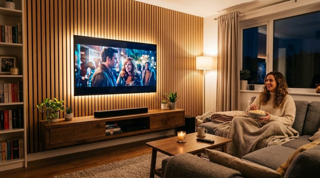 Elegant modern living room featuring a warm textured wood panel TV accent wall with integrated shelving.