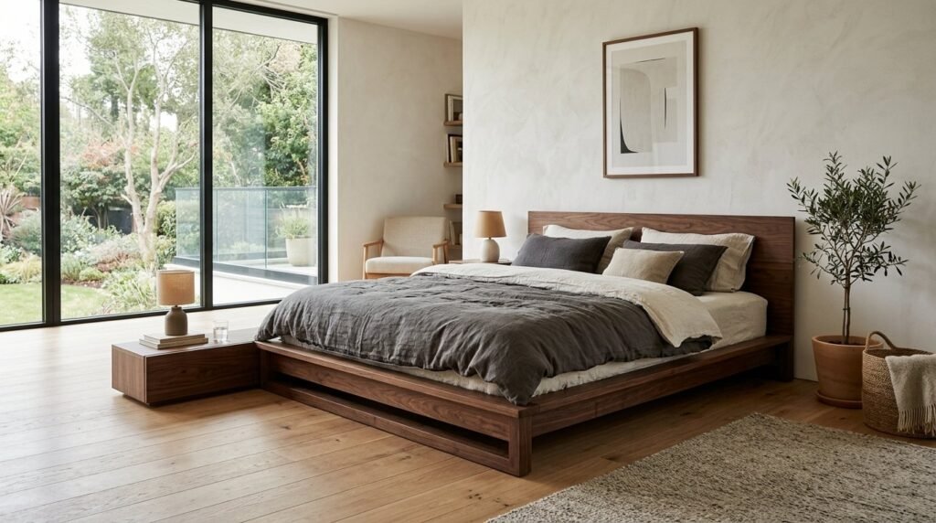 A sleek modern platform bed frame in a minimalist bedroom setting.