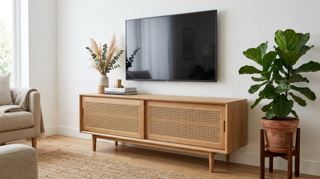 A sleek modern wooden TV unit placed in a bright and minimalist living room.