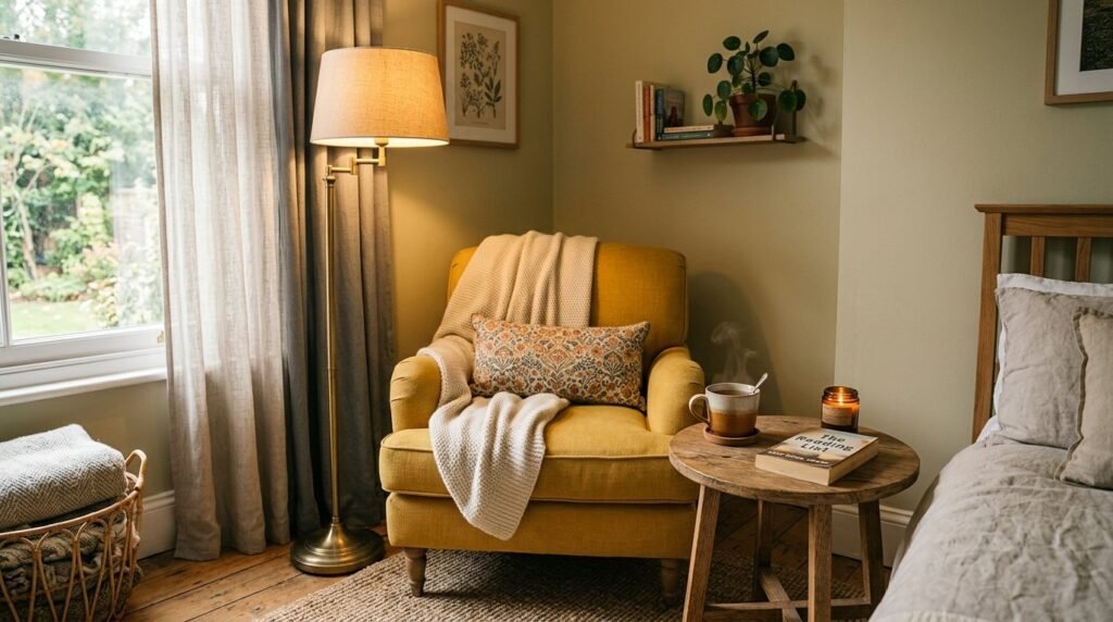 A vibrant yellow armchair centered in a bright and airy minimalist living room.