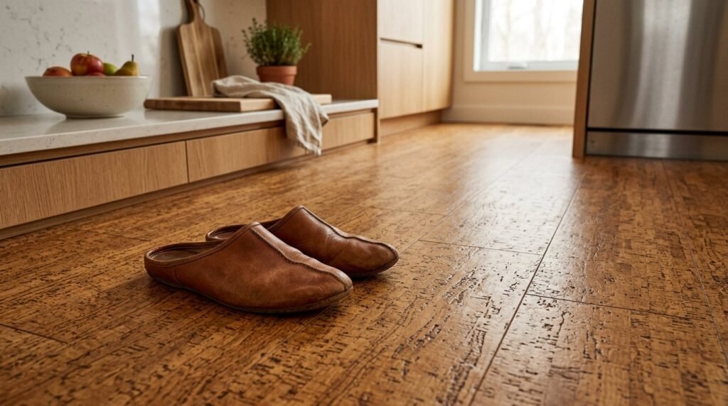 Close up detail of a natural cork floor surface with wood grain textures