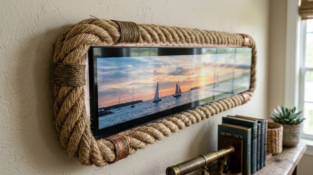 A high-quality close up of natural textured Manila rope trim used for decorative interior design projects.