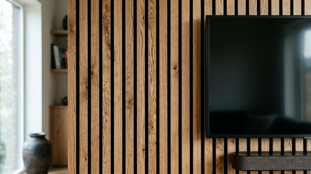 A close up view of premium natural oak wood slats arranged vertically on a wall.