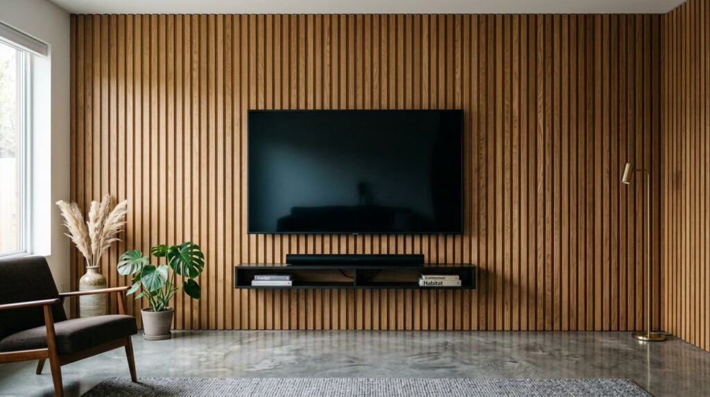 Close up detail of vertical natural oak wood slats on a wall.