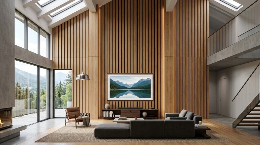 Close up view of clean, light colored vertical wooden slats for interior wall cladding.