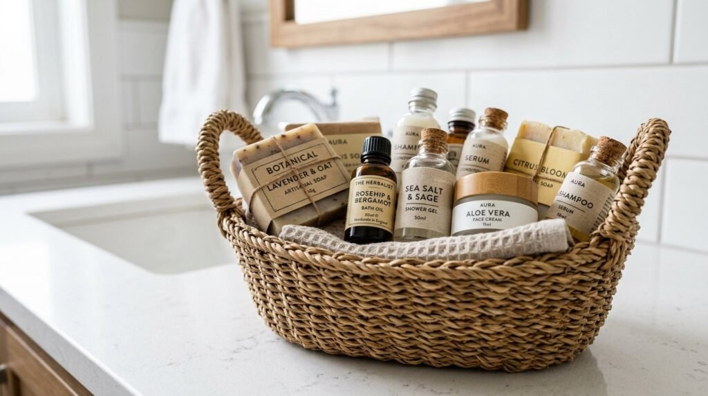 A decorative handwoven seagrass basket sitting on a wooden floor in bright natural light.
