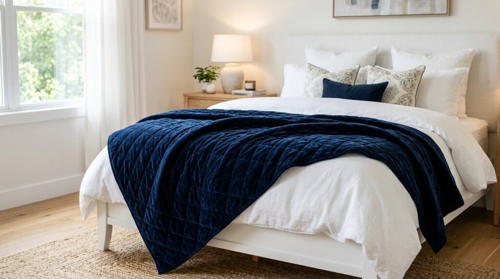 A close-up shot of a deep navy blue quilt displaying detailed geometric stitching patterns.