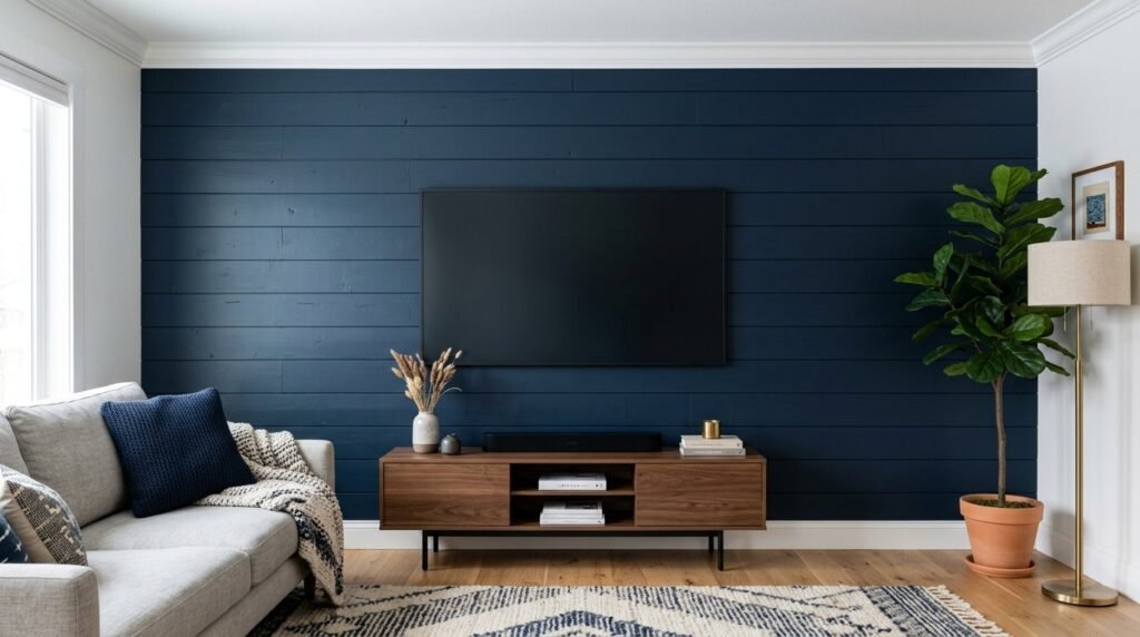 A close up view of an elegant navy blue shiplap wooden wall paneling in a modern home.