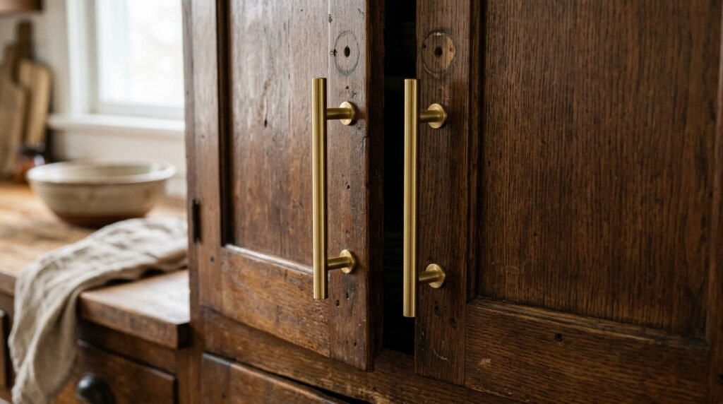 Close-up of newly installed modern cabinet knobs on kitchen cupboard doors.