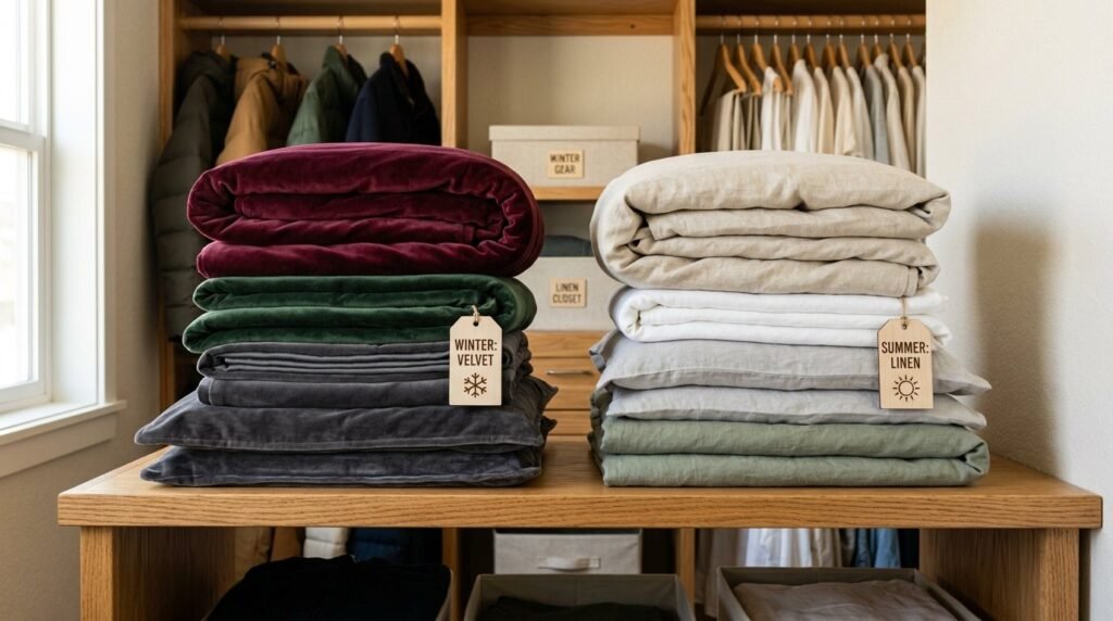 A well-organized wooden closet shelf with neatly stacked items for home storage solutions.