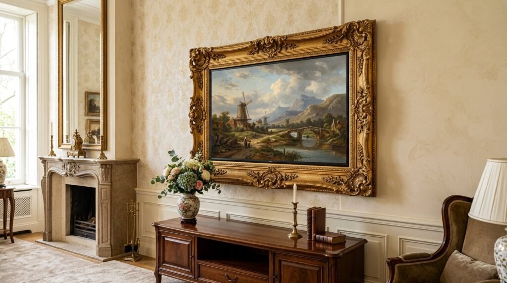 A decorative antique-style television set positioned in a stylish living room.