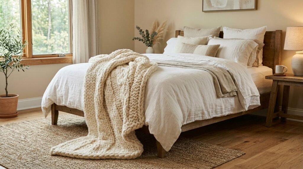 An oversized plush blanket draped elegantly over the arm of a modern armchair in a bright, cozy living room.