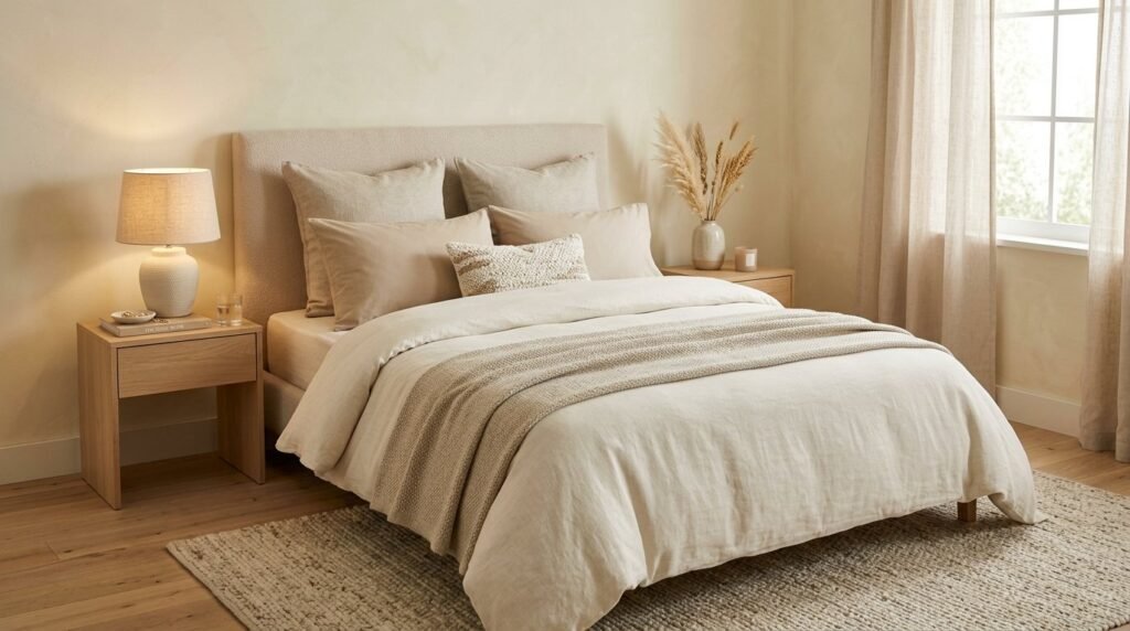 A serene and quiet bedroom interior with soft lighting and comfortable bedding.