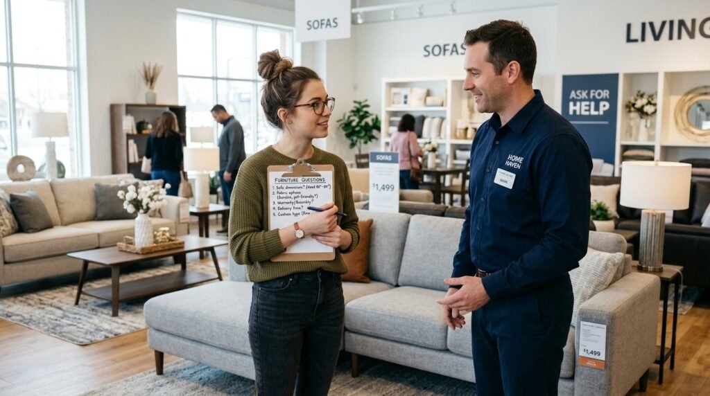 A person examining modern furniture options in a brightly lit showroom display.