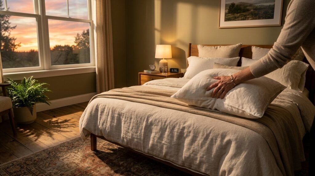 Close-up view of a person's hand fluffing and adjusting a soft decorative pillow on a bed.