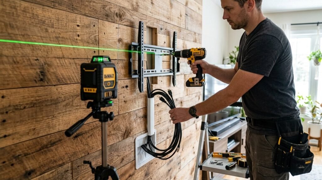 A technician carefully installing a flat screen television on a living room wall.