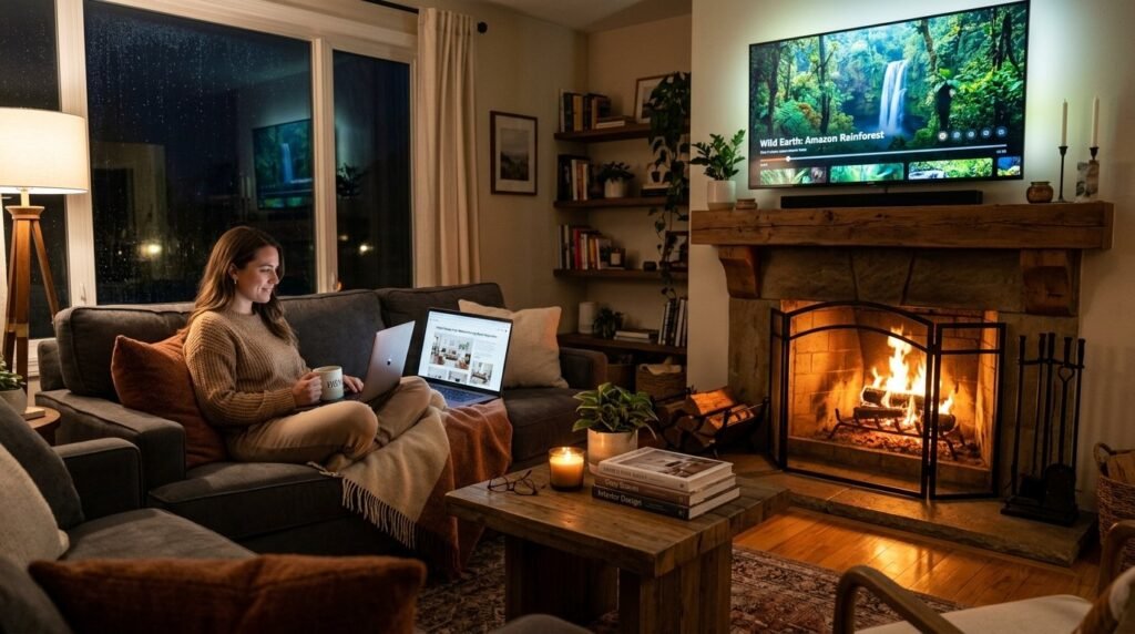 A person sitting at a desk carefully researching real estate and home buying options on a laptop.