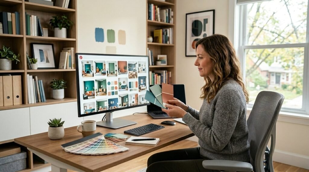 A person examining various paint color swatches and samples to choose the perfect finish for a home renovation project.