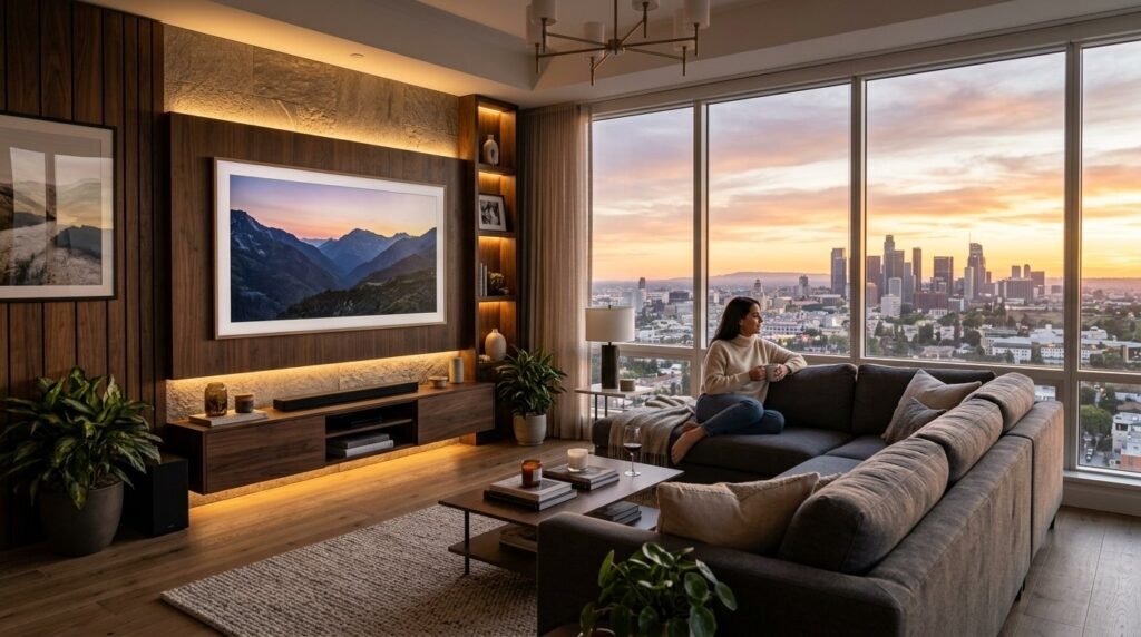 A person sitting peacefully in a stylish modern indoor setting.