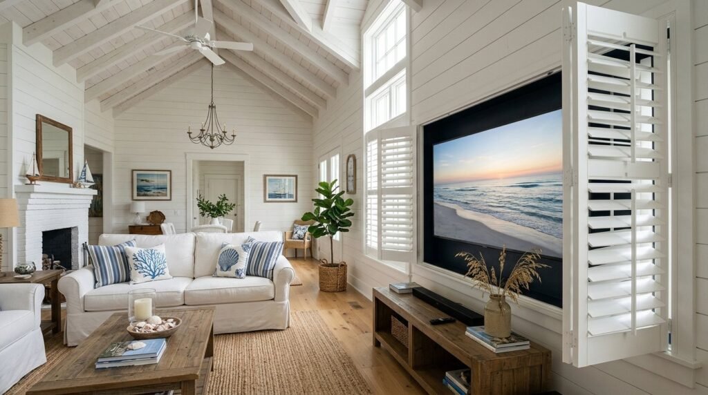 Close up of white plantation shutters partially open with soft morning sunlight streaming into a bright living room.
