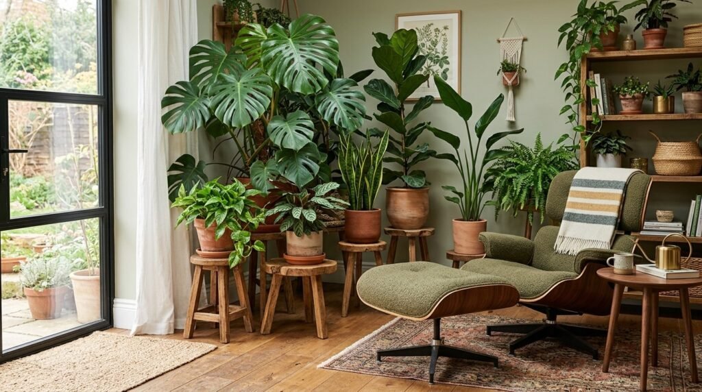 Minimalist interior corner featuring lush green potted plants arranged next to a classic wooden chair.