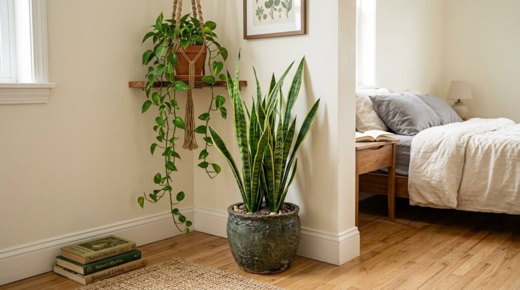 A healthy snake plant in a decorative pot placed in a bright indoor room.