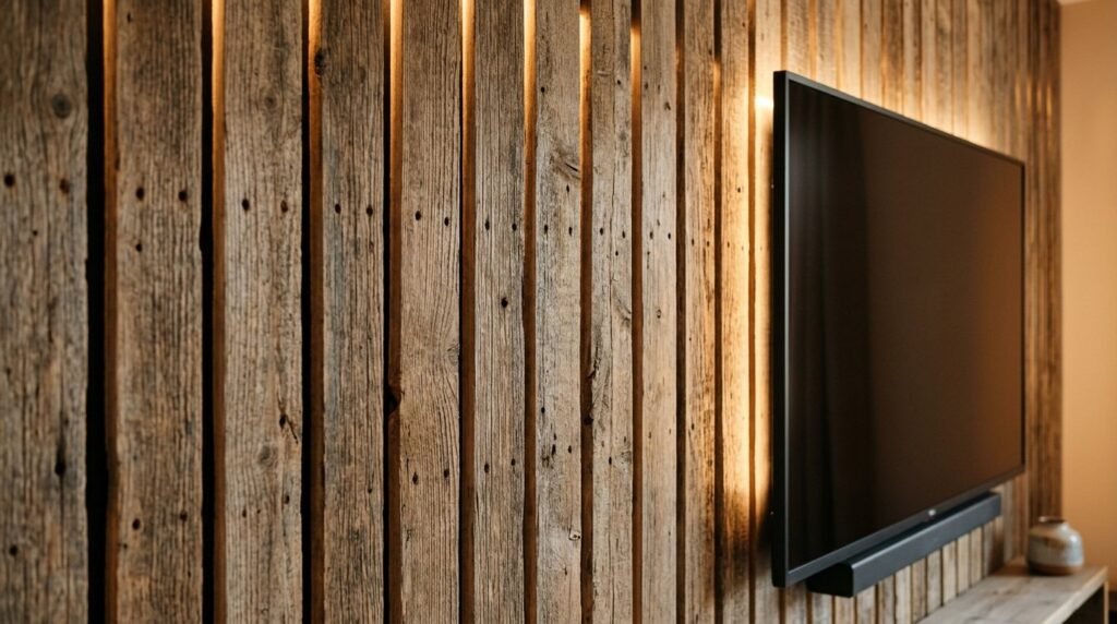 Close up detail of horizontal reclaimed wood slats with a rustic weathered texture.