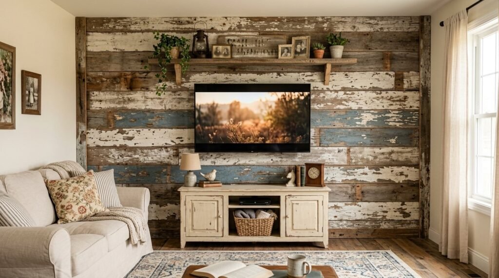 A modern living room featuring a stunning accent wall made from reclaimed wood behind a flat screen TV.