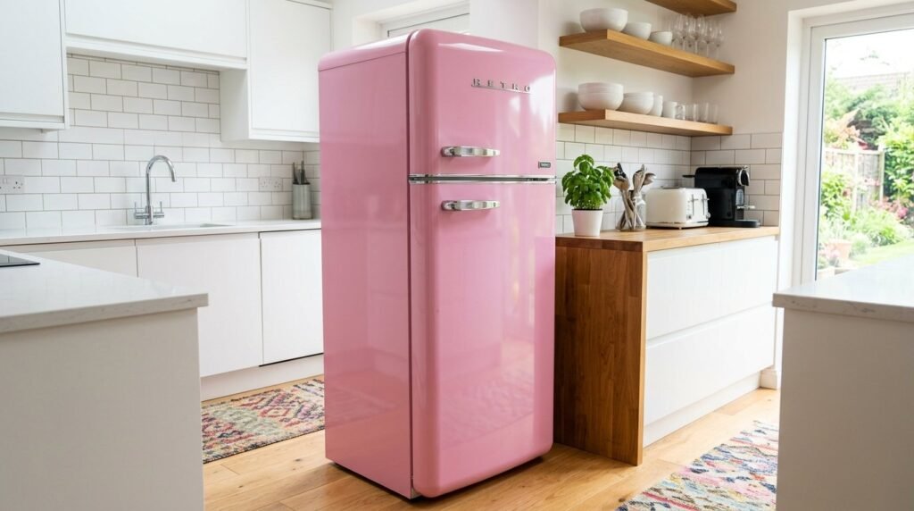 A stylish retro-inspired pink refrigerator standing in a bright, modern kitchen.