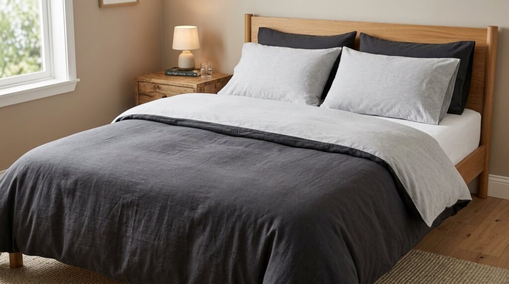 A close up view of a cozy reversible duvet cover on a made bed in a bright modern bedroom.