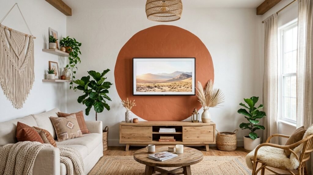 A stylish room interior showcasing a vibrant and uniquely painted decorative wall design.