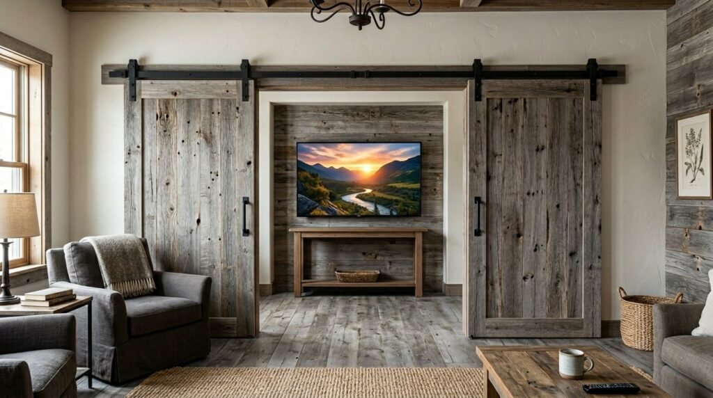 Weathered wooden barn doors open to reveal a lush green meadow and distant hills.