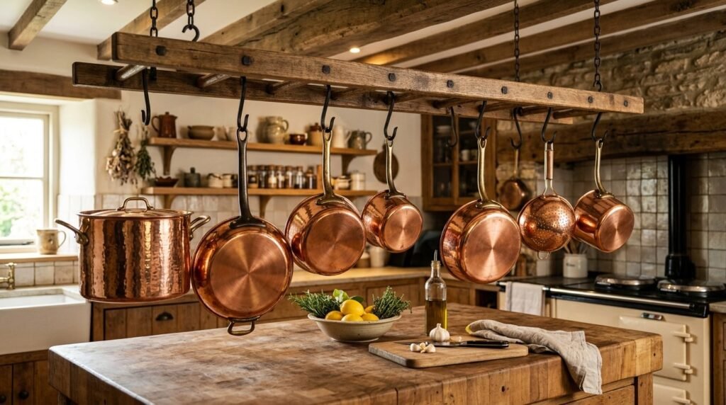 A collection of vintage polished copper pots hanging from a rack in a rustic kitchen setting.