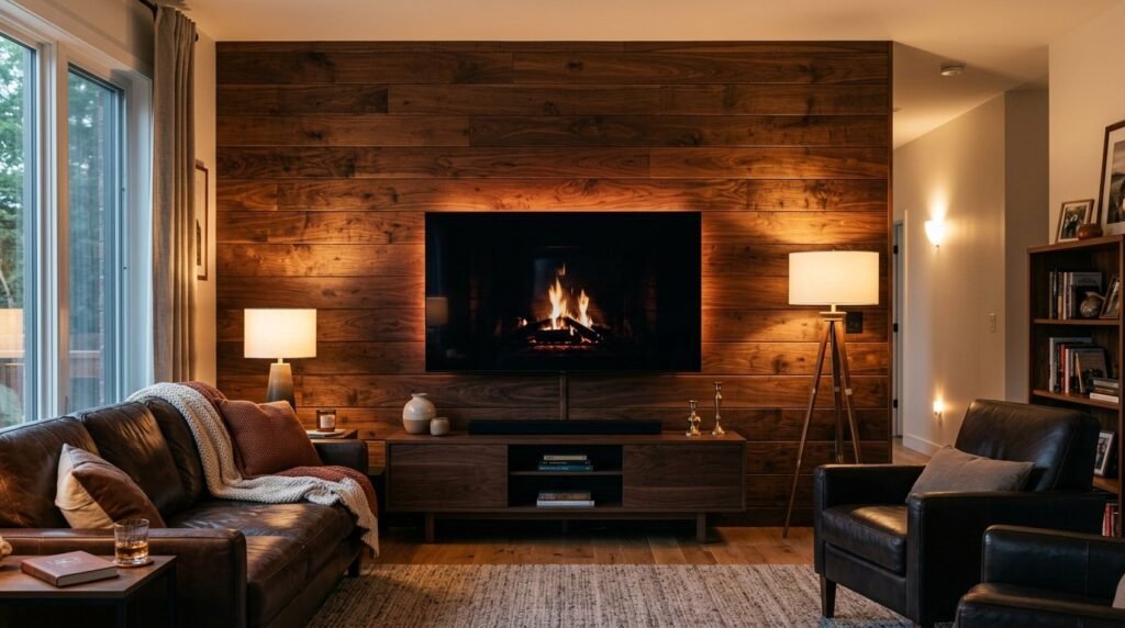 A high-resolution close-up of a natural wood plank wall showing rich grain patterns and rustic textures.