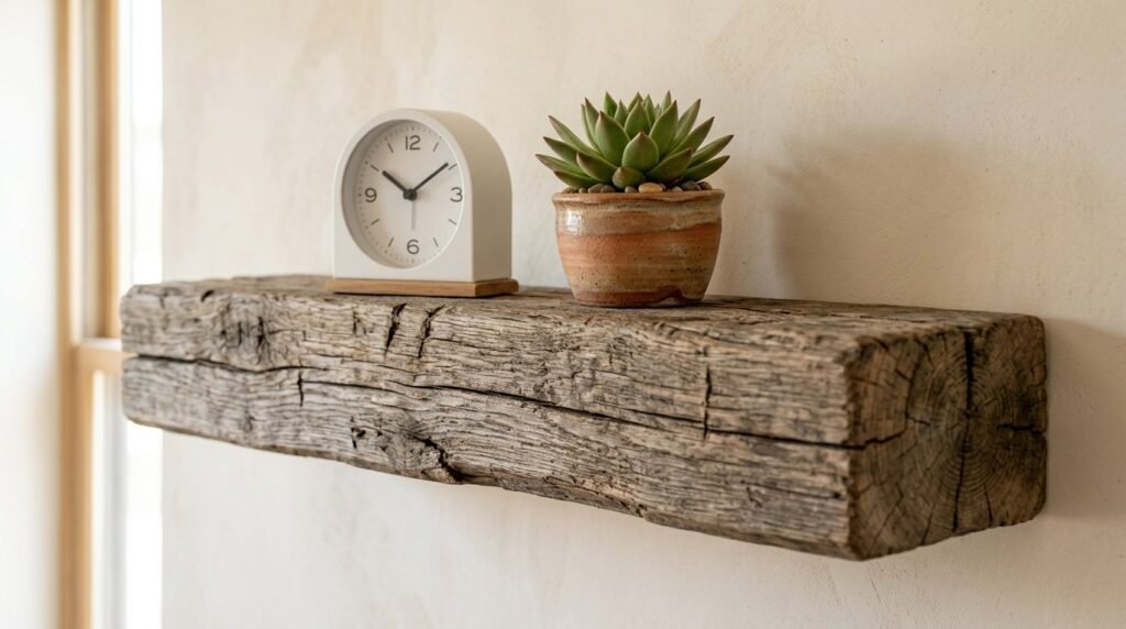 A decorative wall-mounted reclaimed rustic wood beam shelf in a modern living space.