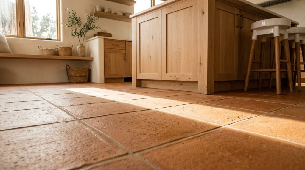 High angle close up of traditional handcrafted terracotta floor tiles in a sunlit room.