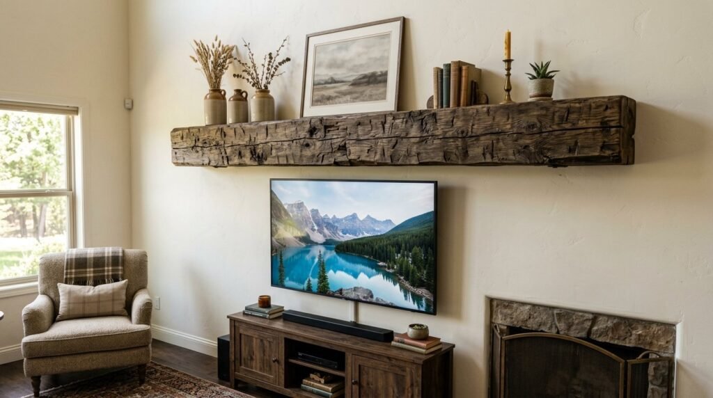 A decorative rustic wood beam mantel installed above a cozy living room fireplace.