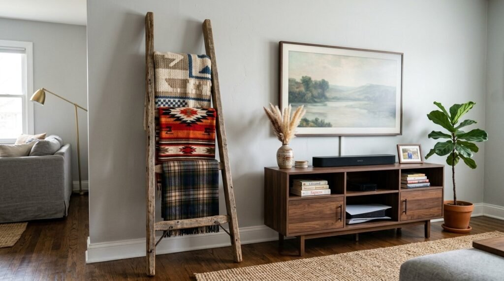 A rustic wooden ladder leaning against a neutral-toned interior wall.