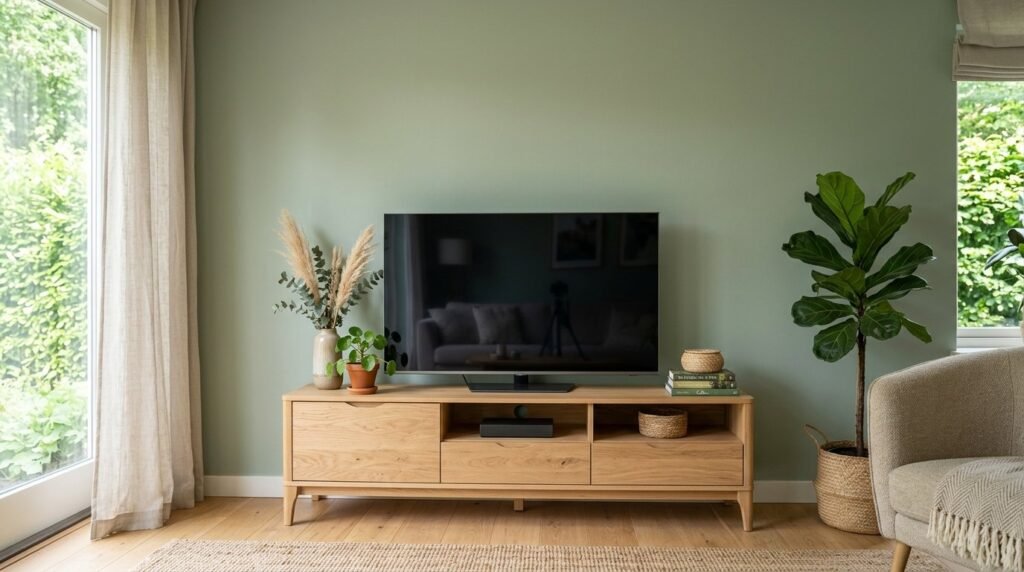 Modern interior living room with a sophisticated sage green TV feature wall and minimalist decor.
