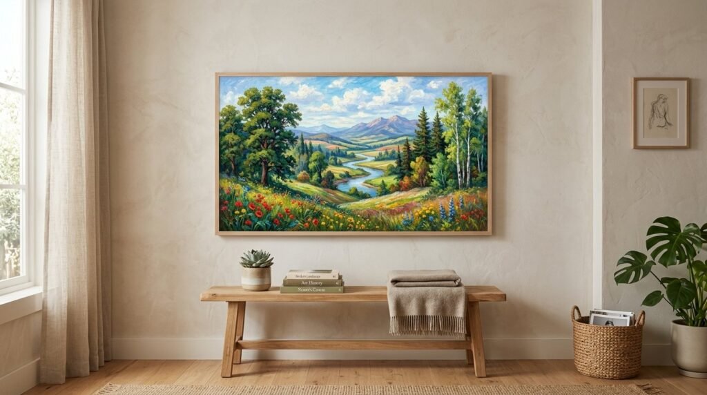 A Samsung Frame TV mounted on a wall displaying sophisticated digital art in a modern interior.