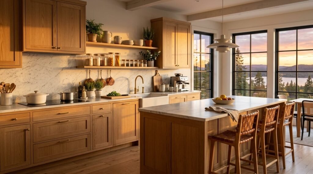 A modern Scandinavian kitchen featuring minimalist cabinetry and light wooden accents.