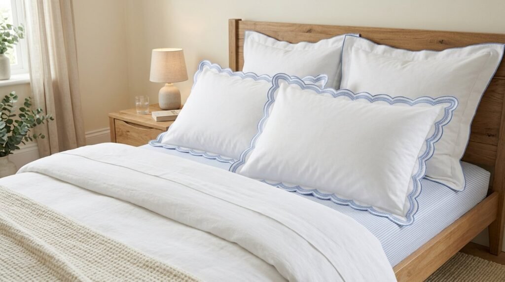 Set of soft premium cotton pillowcases featuring elegant blue decorative accents on a bed.