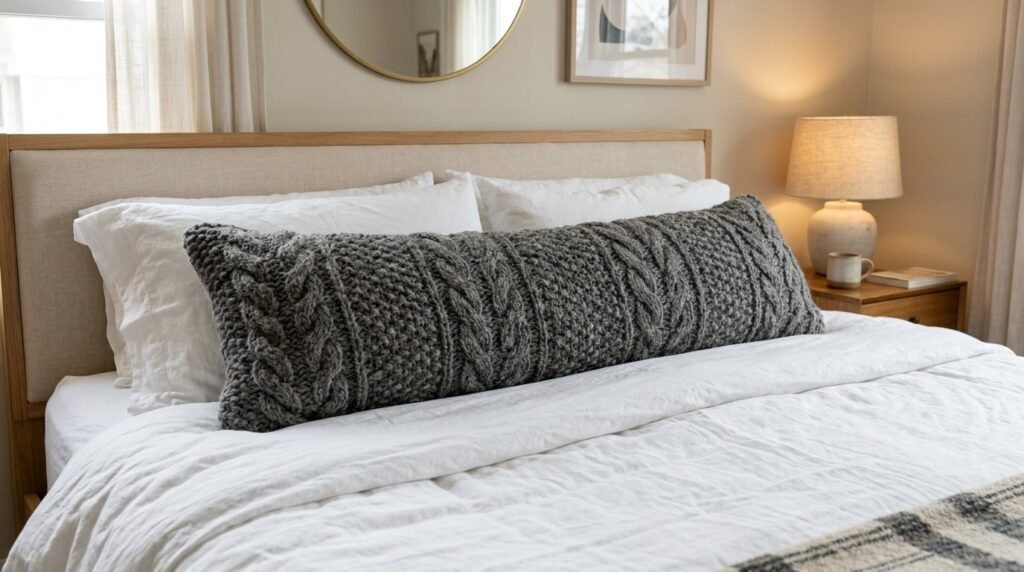 A close up shot of a textured grey wool throw pillow sitting on a clean white bed.