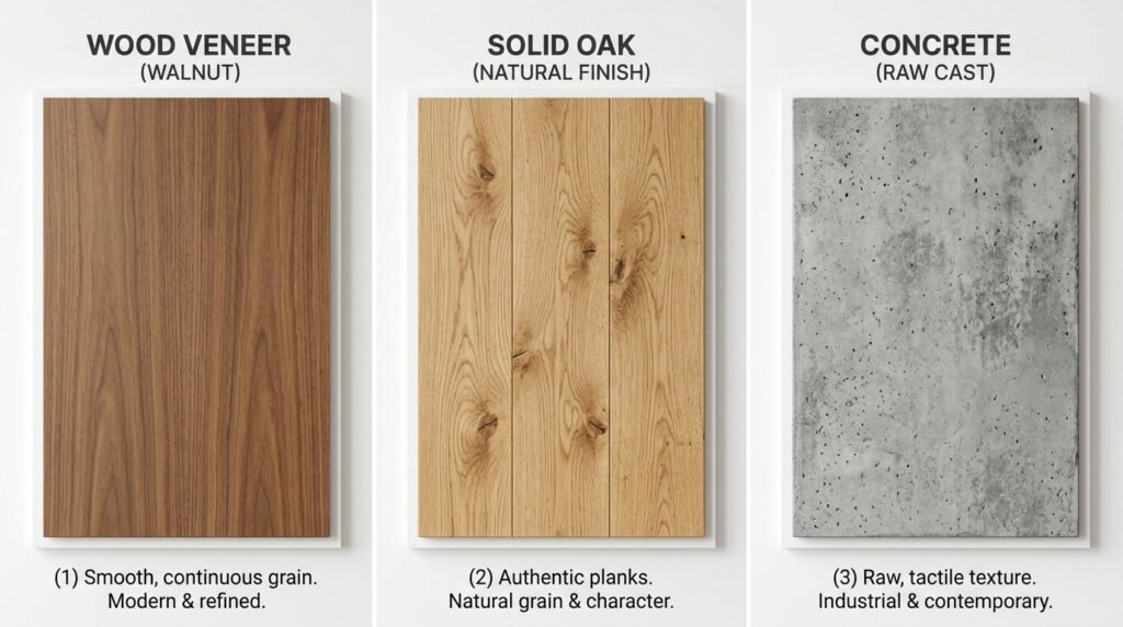 Close up high quality solid wood veneer surface with natural grain patterns.